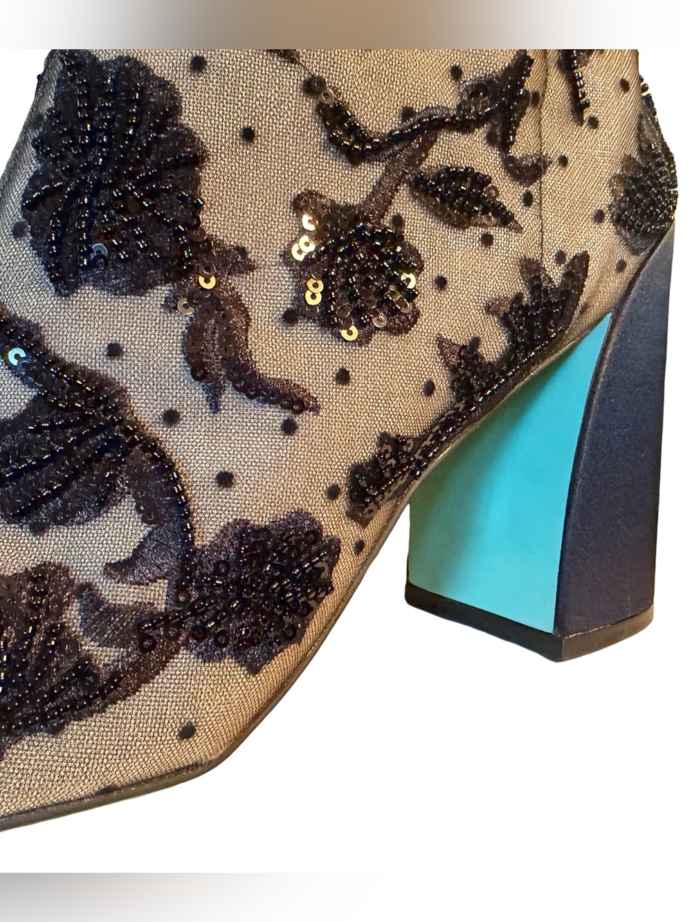 Betsey Johnson Black Beaded Floral Mesh Ankle Boots - Picture 5 of 10